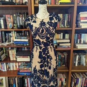 Marchesa notte mena blue embroidered mesh floral overlay cocktail dress